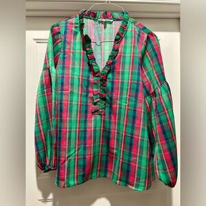 Vibrant Plaid Blouse with Ruffle Details